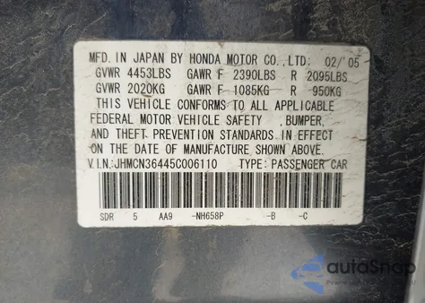 2005 Honda Accord Hybrid Ima from USA, damaged, VIN JHMCN36445C006110